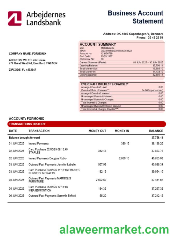 Arbejdernes Landsbank enterprise account statement Word and PDF template